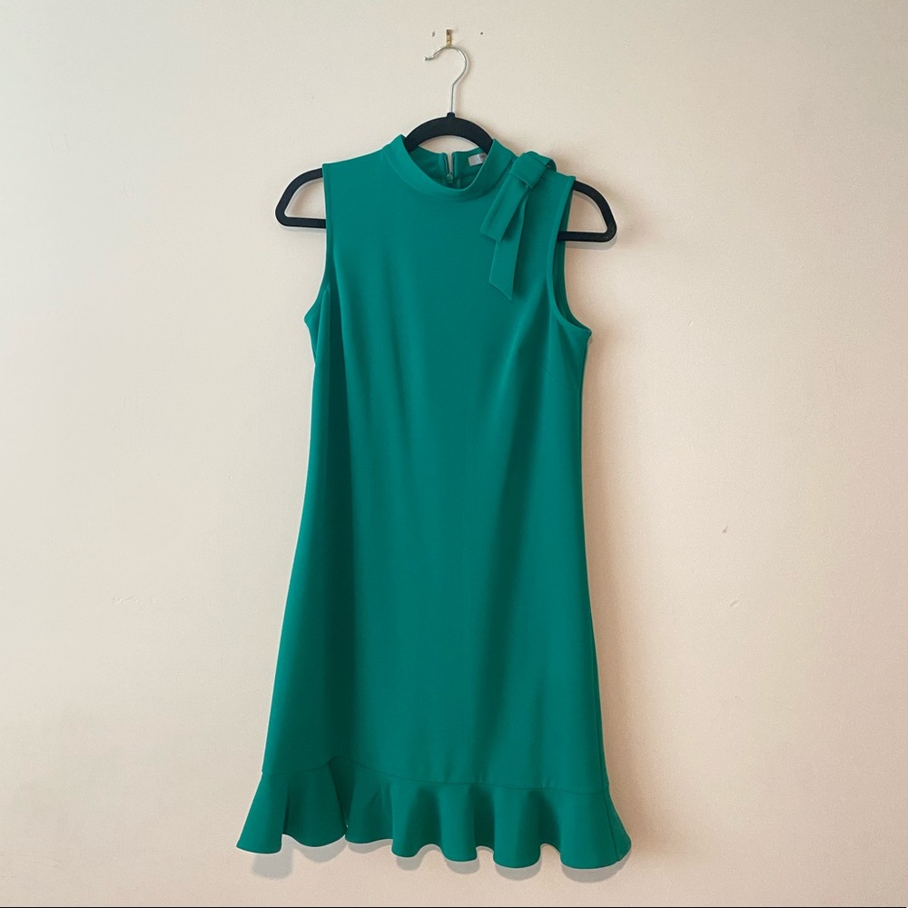 Marc New York by Andrew Marc Green Pleated Dress with Accent Bow